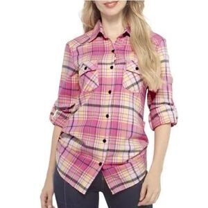 Ochenta pink/aqua plaid flannel juniors large w/side button detail